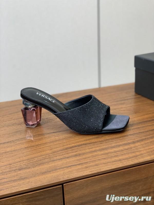 2025 Women VERSACE Black Silk Satin Slippers KFY00300