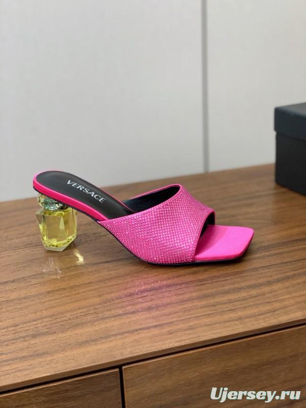 2025 Women VERSACE Pink Silk Leather Mules Crystal Embellishment KFY00300