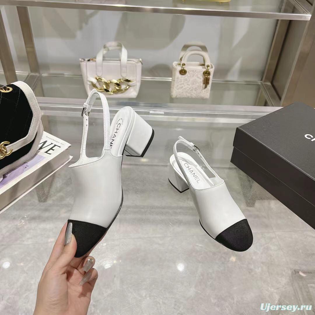 2025 Women Chanel White Black Leather Slingback Sandal LY00300