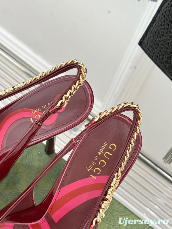 2025 Women Gucci Burgundy Patent Leather Slingback Chain High Heel KFY00300