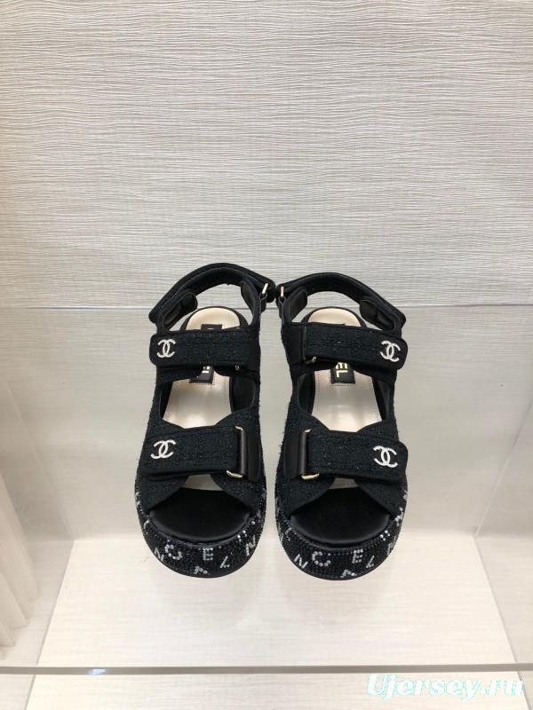 2025 Women Chanel Black Fabric Platform Sandals LY00330