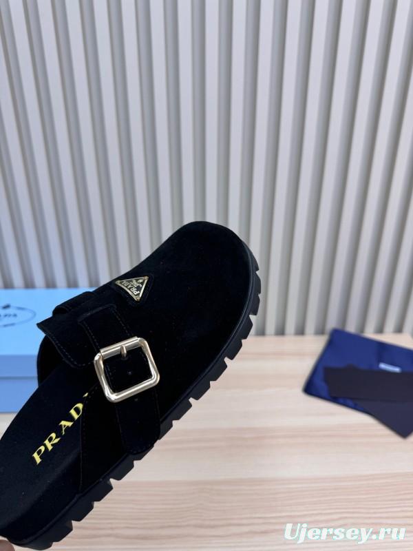 2025 Slippers Prada Black Suede Slippers LY00280