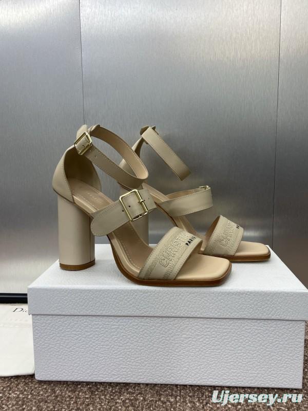 2025 Women Dior Beige Leather Sandals Buckle Strap High Heel
