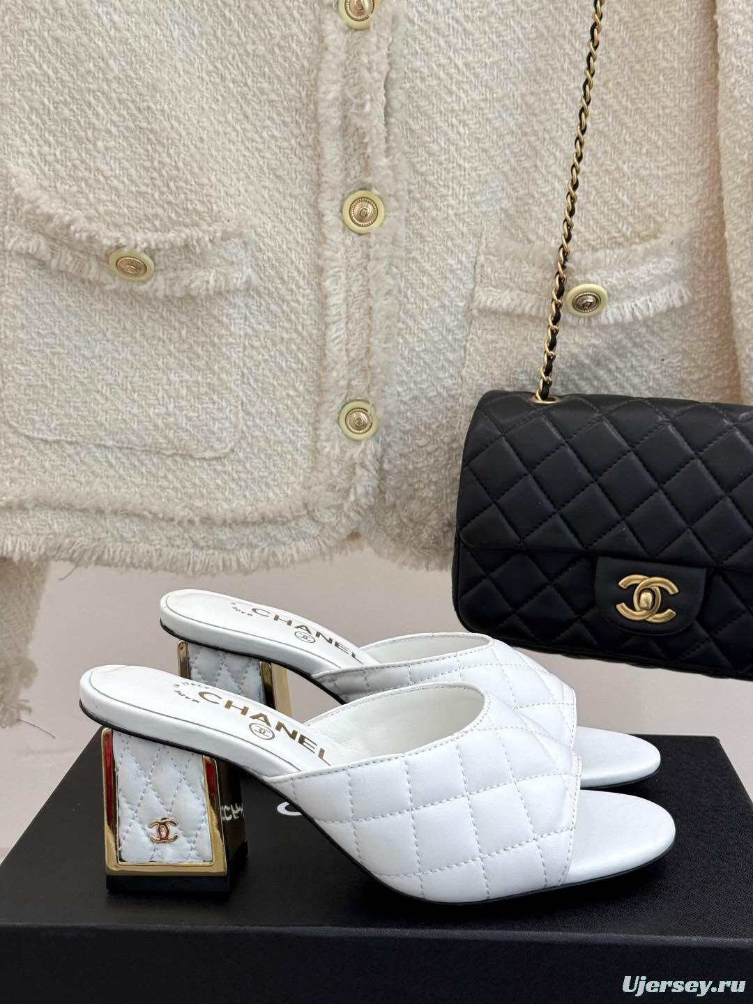 2025 Women Chanel White Lambskin Quilted Heeled Slippers