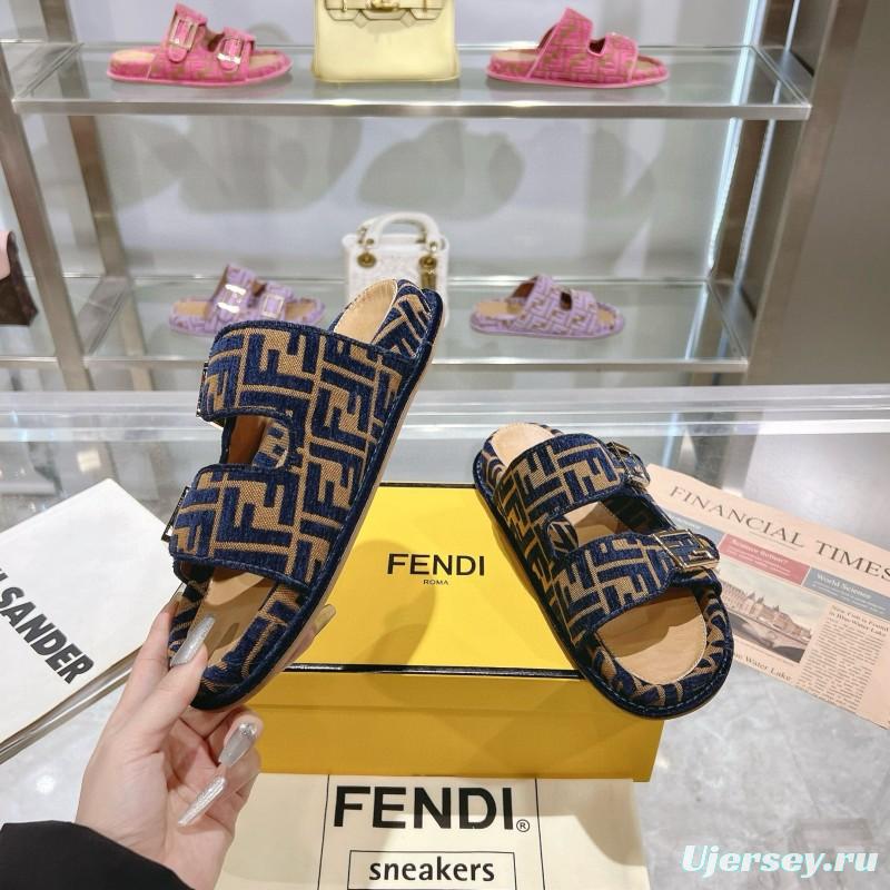 2025 Slippers Fendi Blue Brown Jacquard FF Pattern MJ00230