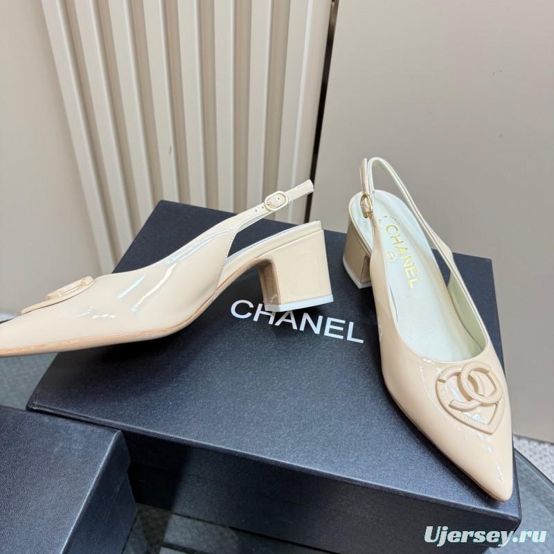 2025 Women Chanel Beige Patent Leather Slingback Heels
