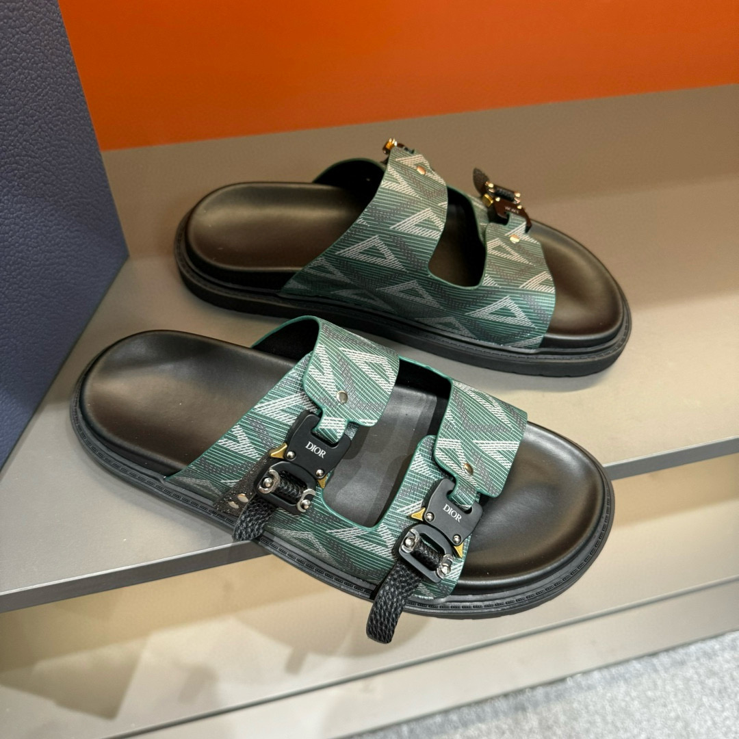 2024 Men's Dior Green Canvas Leather Slippers