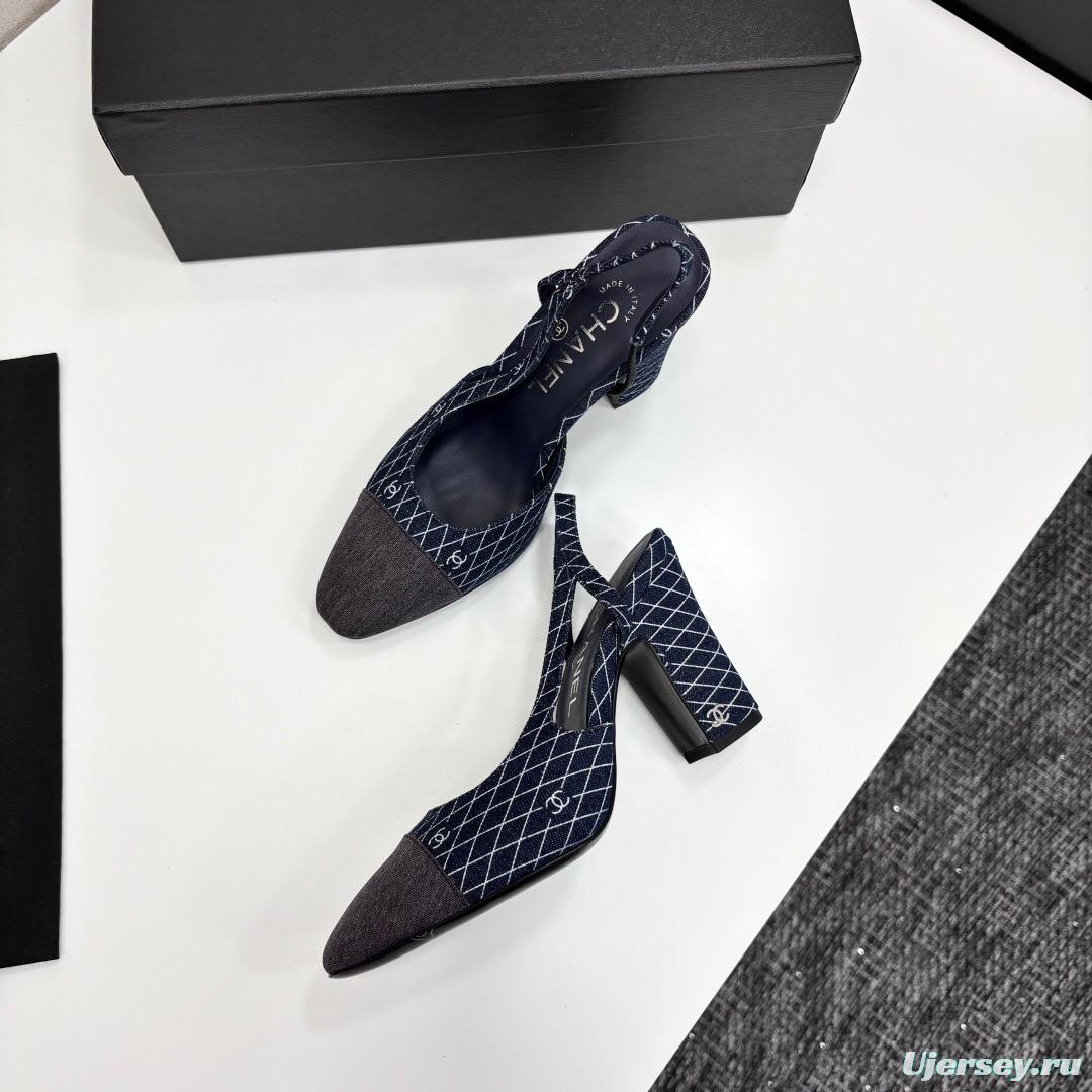 2025 Women Chanel Blue Denim Fabric Slingback Shoes