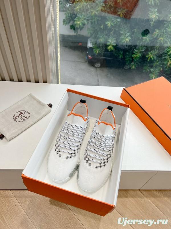2024 Unisex Hermès White Black Orange Knit Sneakers