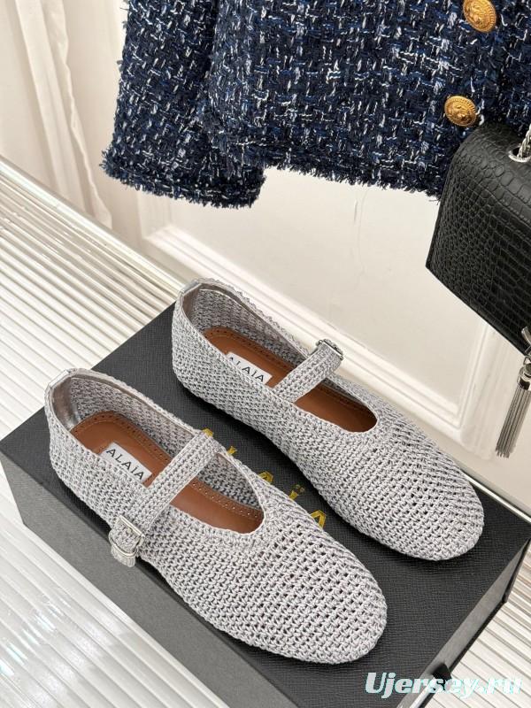 2025 Women AlAIA White Grey Knit Mary Jane Ballet Flat