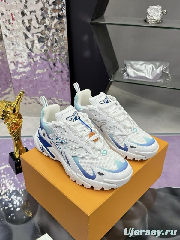 2025 Men Louis Vuitton Blue White Mesh Leather Sneakers MJ00420