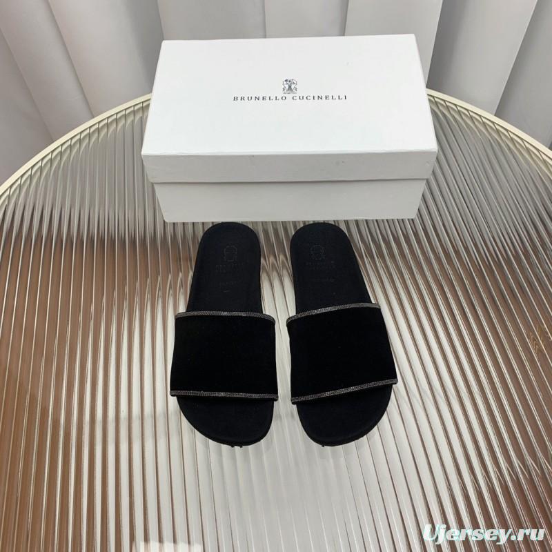 2025 Women BRUNELLO CUCINELLI Black Imported Suede Flat Sandals Handcrafted Beaded Chain Decoration KFY00240(F)