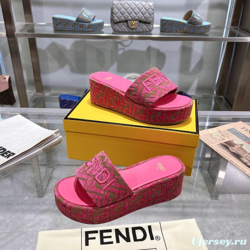 2025 Women Fendi Pink Canvas Slippers FF Jacquard KFY00240