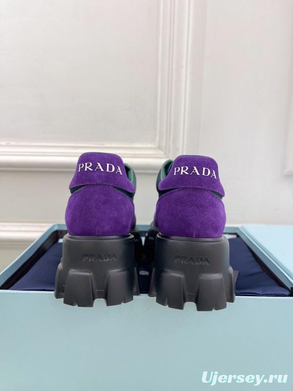 2025 Unisex Prada Purple Green Suede Silk Sneakers KFY00310(F)/KFY00330(M)