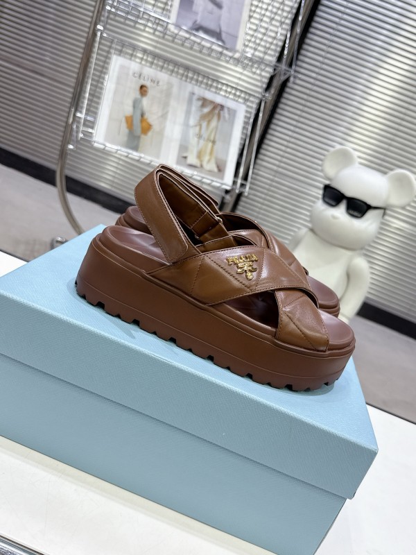 2025 Women Prada Brown Leather Sandal