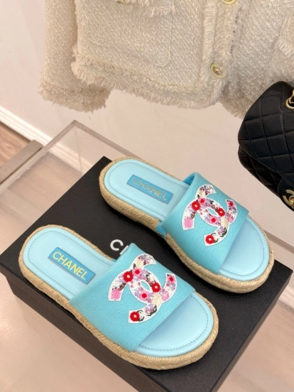 2025 Slippers Chanel Light Blue Fabric Women Embroidered Floral CC Logo KFY00230