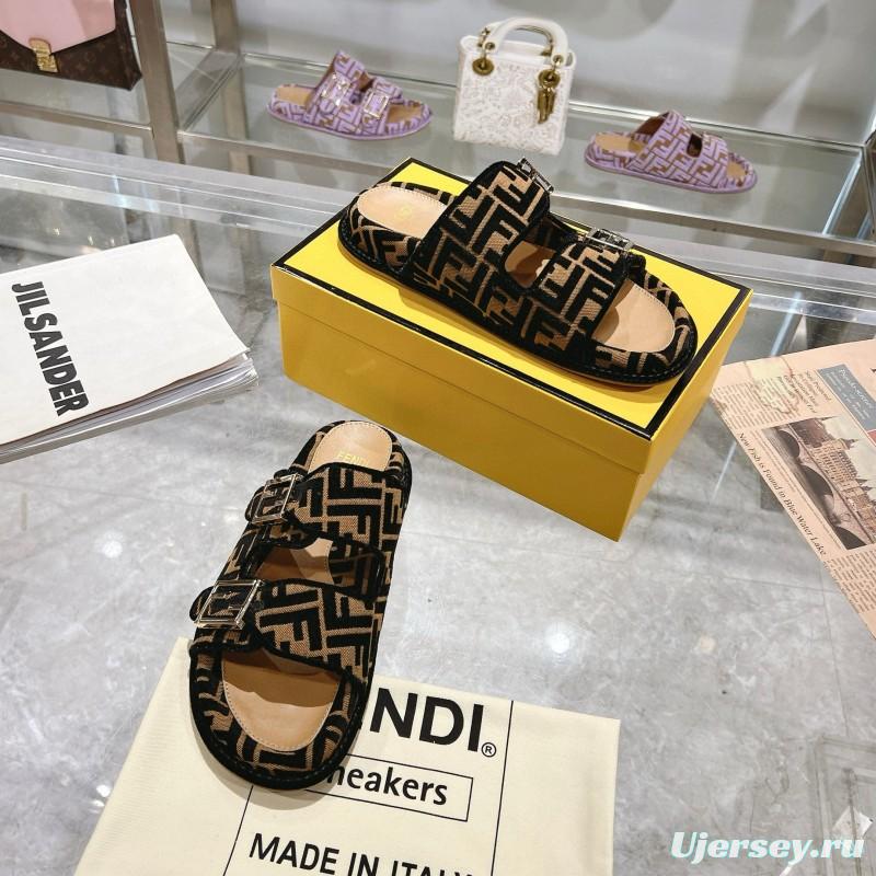 2025 Fendi Black Beige Jacquard Fabric Leather Slippers
