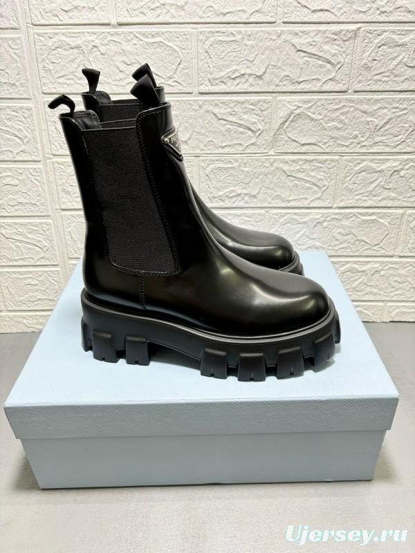 2024 Women Prada Black Leather Chelsea Boots MJ00380