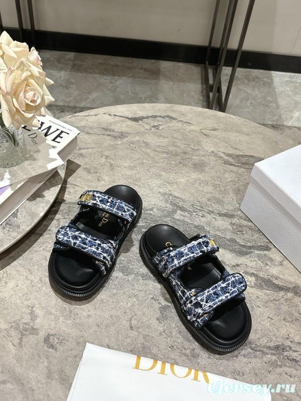 2025 Women Dior Black Blue Fabric Sandals KFY00300