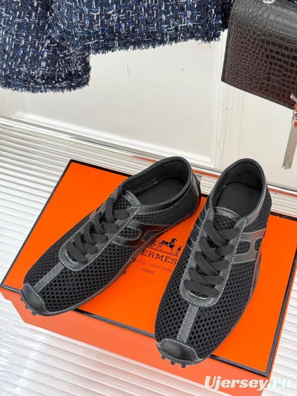 2025 Women Hermès Black Mesh Leather Sneakers