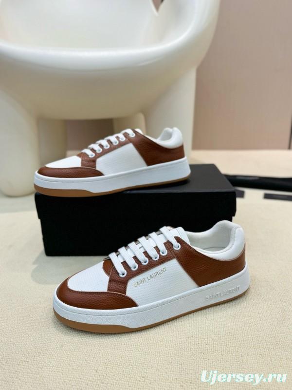 2024 Unisex Yves Saint Laurent White Brown Leather Canvas Sneakers MJ00350