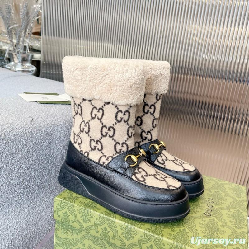 2024 Women Gucci beige black leather shearling snow boots MJ00420