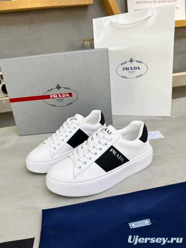 2024 Unisex Prada White Black Silk Calfskin Leather Sneakers MJ00310