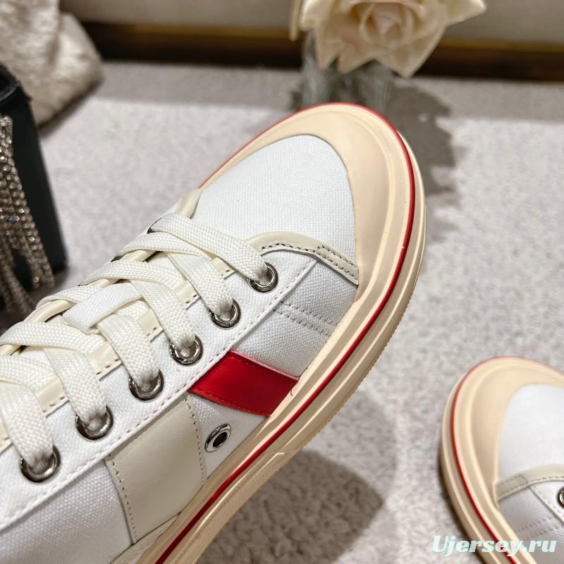 2025 Unisex Bottega Veneta White Red Canvas Leather Sneakers LY00