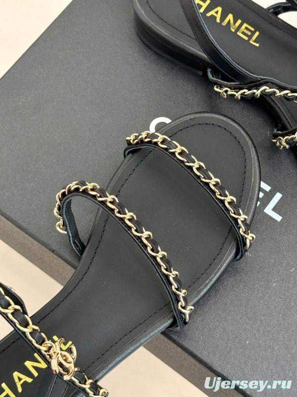 2025 Women Chanel Black Leather Slingback Sandals Chain KFY00270