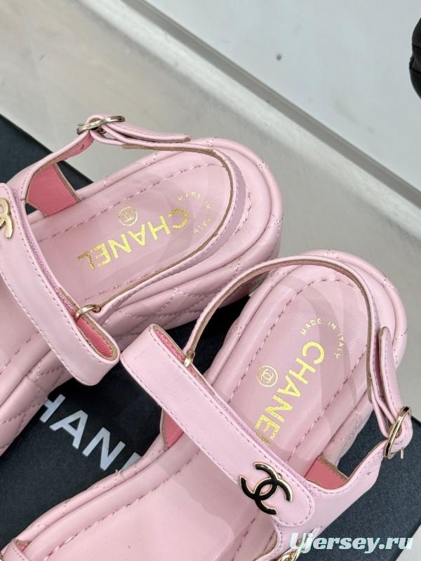 2025 Women Chanel Pink Lambskin Platform Sandals Chain Decoration