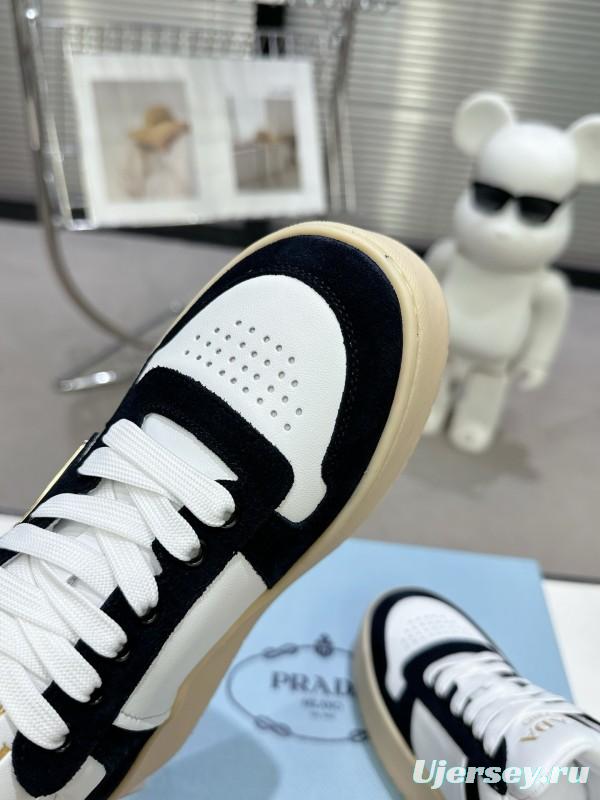 2025 Women Prada Black White Leather Suede Sneakers Downtown Bold KFY00310