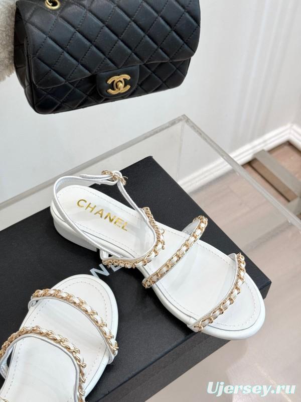 2025 Women Chanel White Leather Chain Strap Sandals