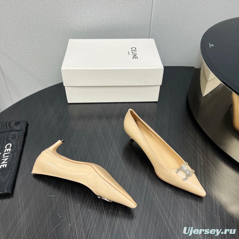 2025 Women Celine Beige Patent Leather Pointed Toe Heel Metal Ornament KFY00290