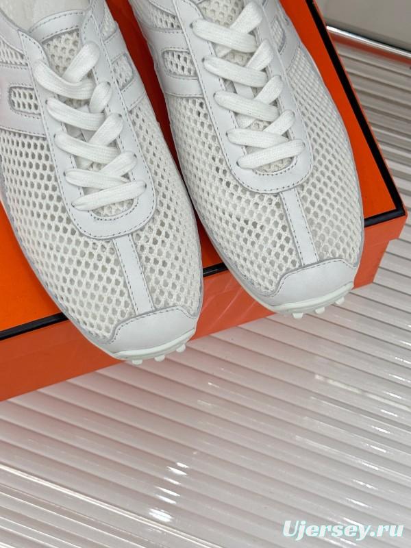 2025 Women Hermès White Mesh Leather Sneakers