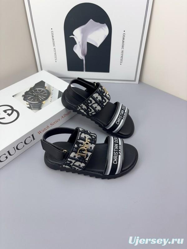 2025 Kids Dior Gray Black Canvas Leather Sandals
