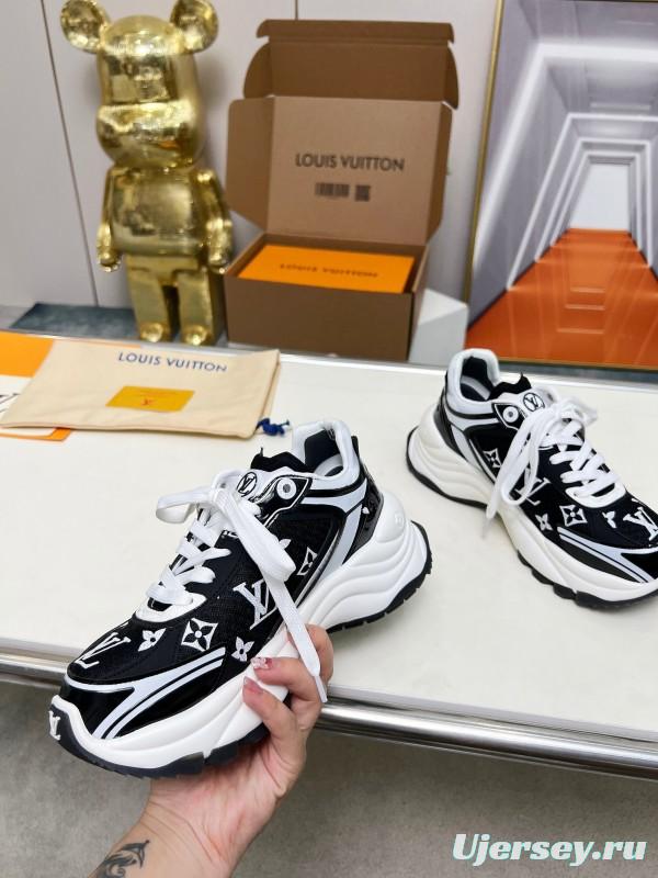 2025 Unisex Louis Vuitton Black White Fabric Leather Sneakers LY00340(F)/LY00341(M)