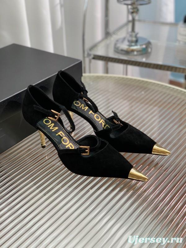 2025 Women TOM FORD Black Gold Suede Leather Pointed Pumps KFY00320