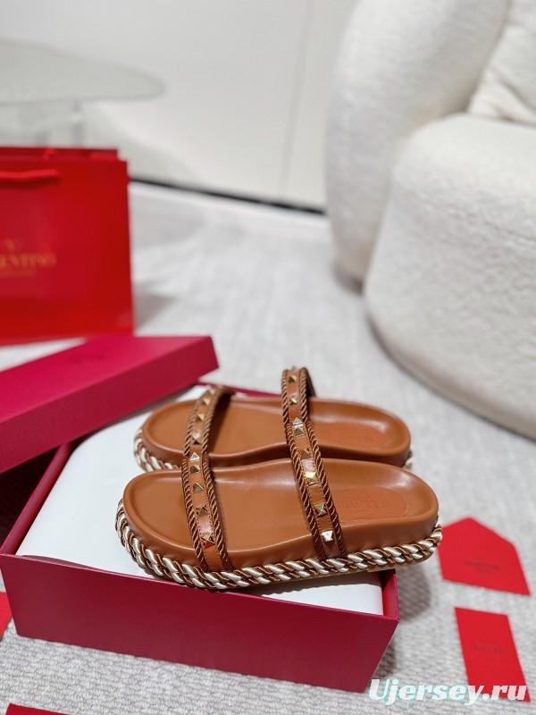 2025 Women Valentino Brown Leather Sandals Braided Rope Sole LY00250