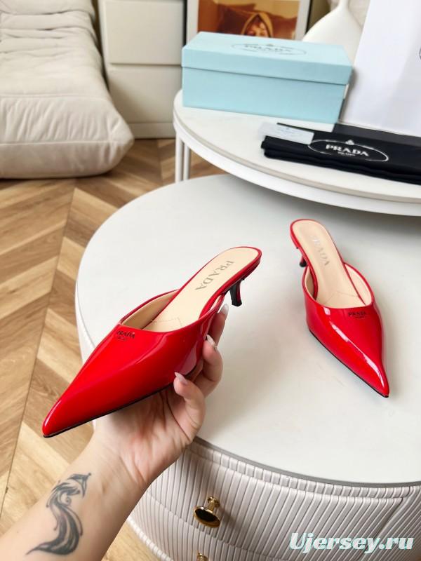 2025 Women Prada Red Patent Leather High Heel Mules LY