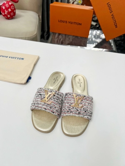 2025 Women Louis Vuitton Pink White Gold Fabric Leather Slippers