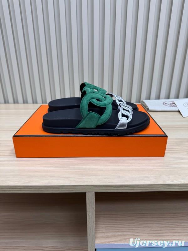 2025 Slippers Hermès Green Black Suede Leather Slippers