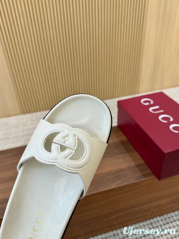 2025 Women Gucci White Leather Slippers GG Logo LY00230