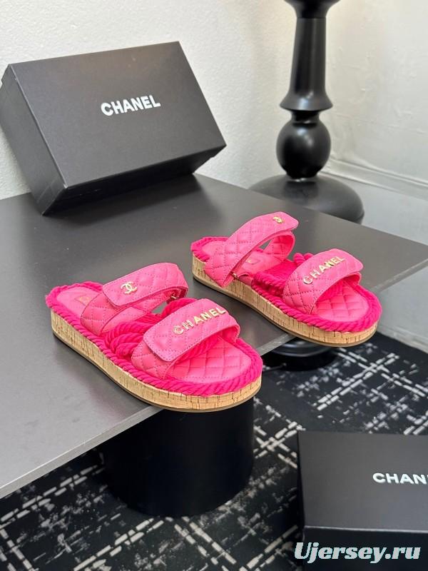 2025 Slippers Chanel Pink Quilted Fabric Espadrille LY00250
