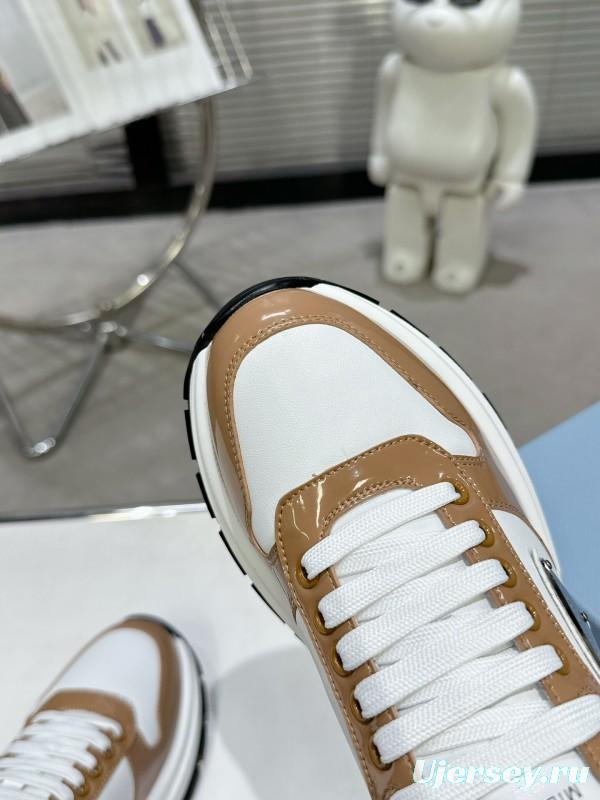 2025 Women Prada White Brown Leather Sneakers