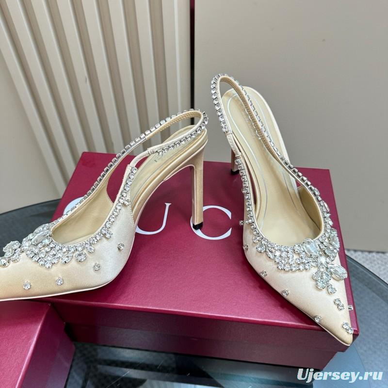 2025 Women Gucci Beige Silk Crystal Embellished Slingback Heels MJ00340
