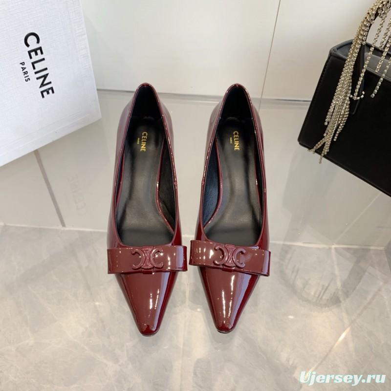 2025 Women Celine Burgundy Patent Leather Pointed Toe Pumps