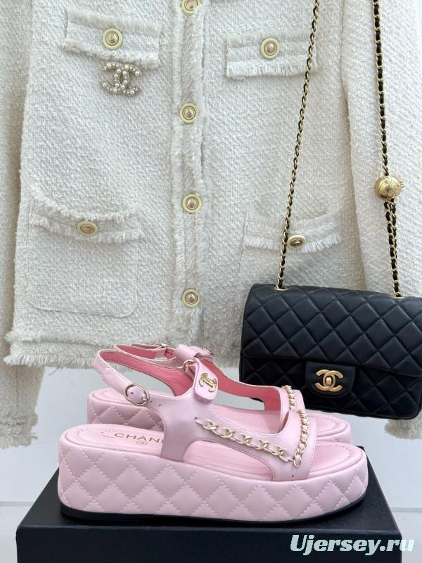 2025 Women Chanel Pink Lambskin Platform Sandals Chain Decoration