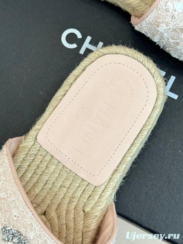2025 Women Chanel Pink Tweed Espadrille Slide Sandals Handmade Craft KFY00240 (F)