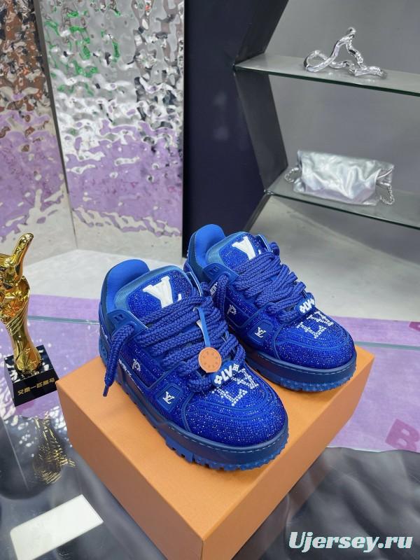 2024 Unisex Louis Vuitton Blue Rhinestone Trainer Sneakers Heat Pressing MJ00430