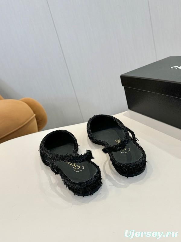 2025 Women Chanel Black Leather Tweed Ballet Flats LY00240